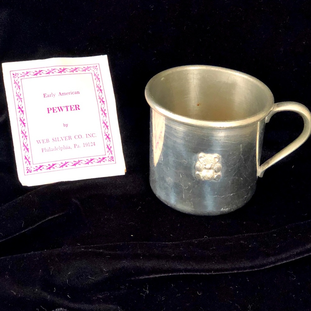 Vintage Pewter Baby Cup With Teddy Bear